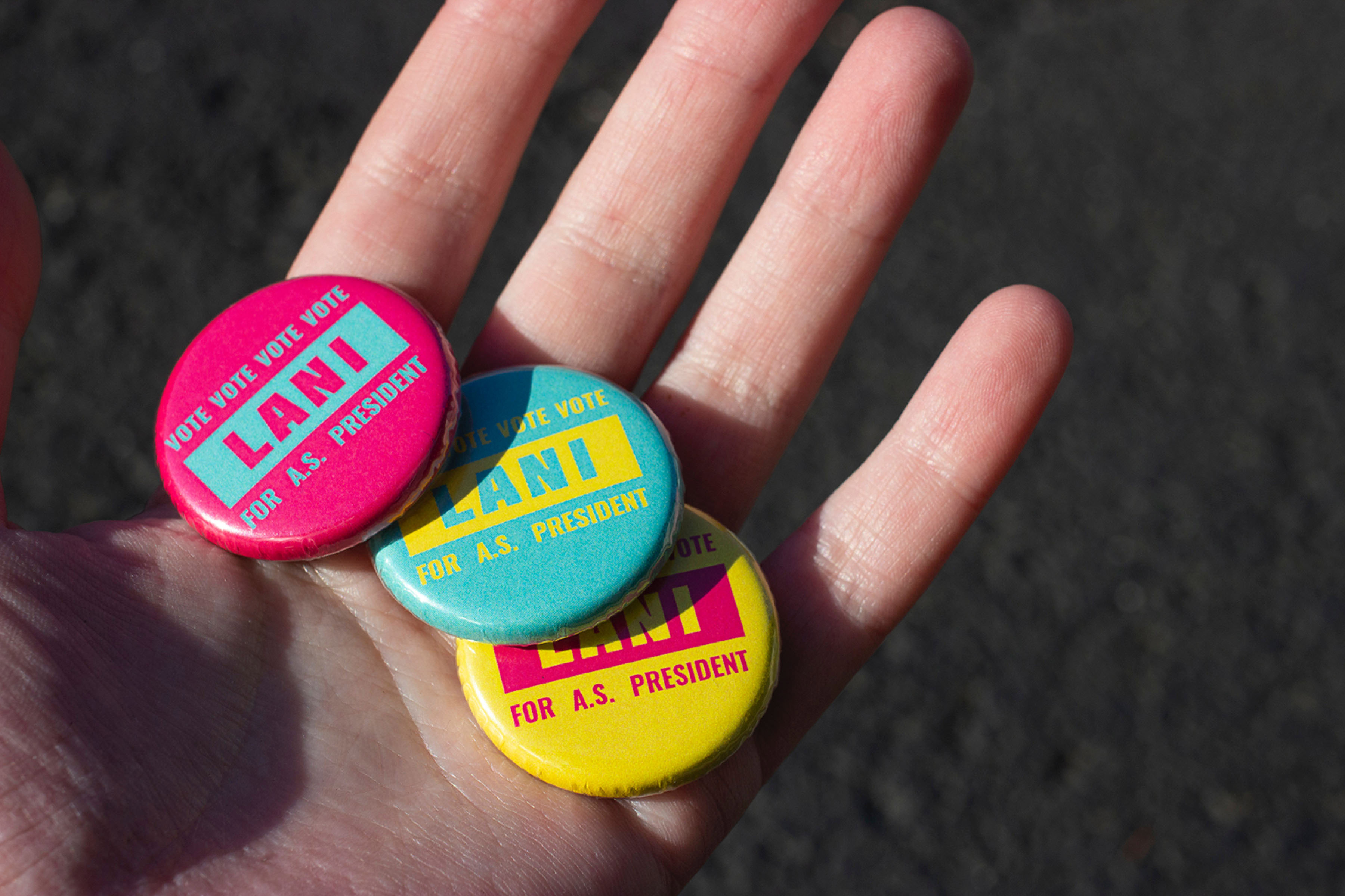 Three small 'vote Lani' buttons photographed in the palm of a hand.