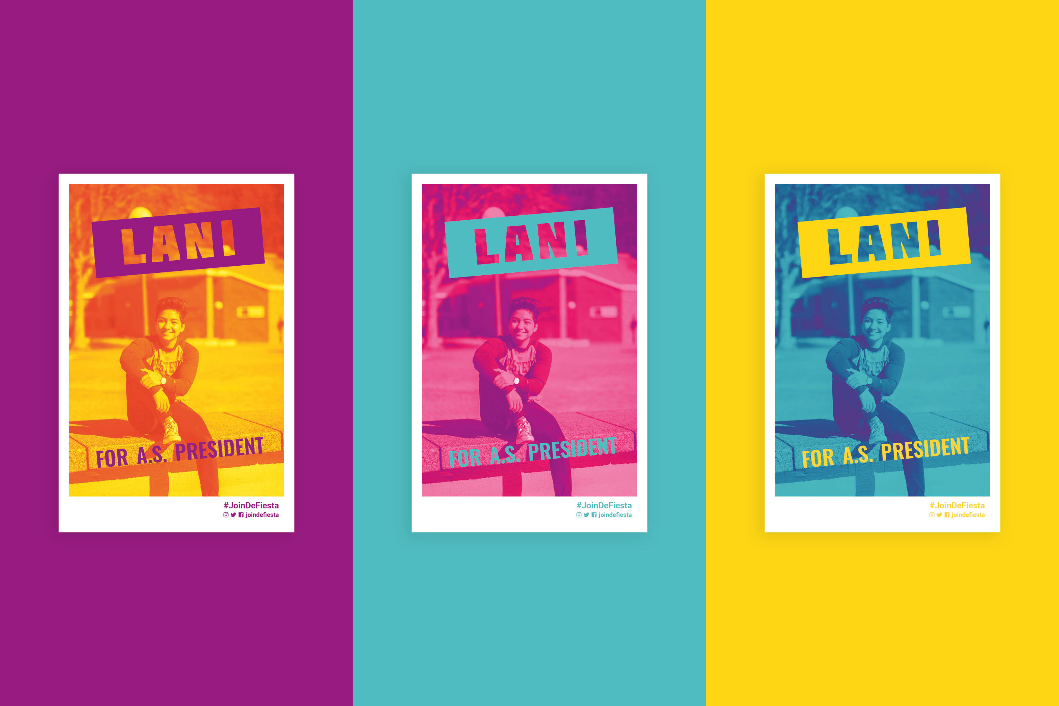 Tryptich of Lani campaign posters mocked up digitally.