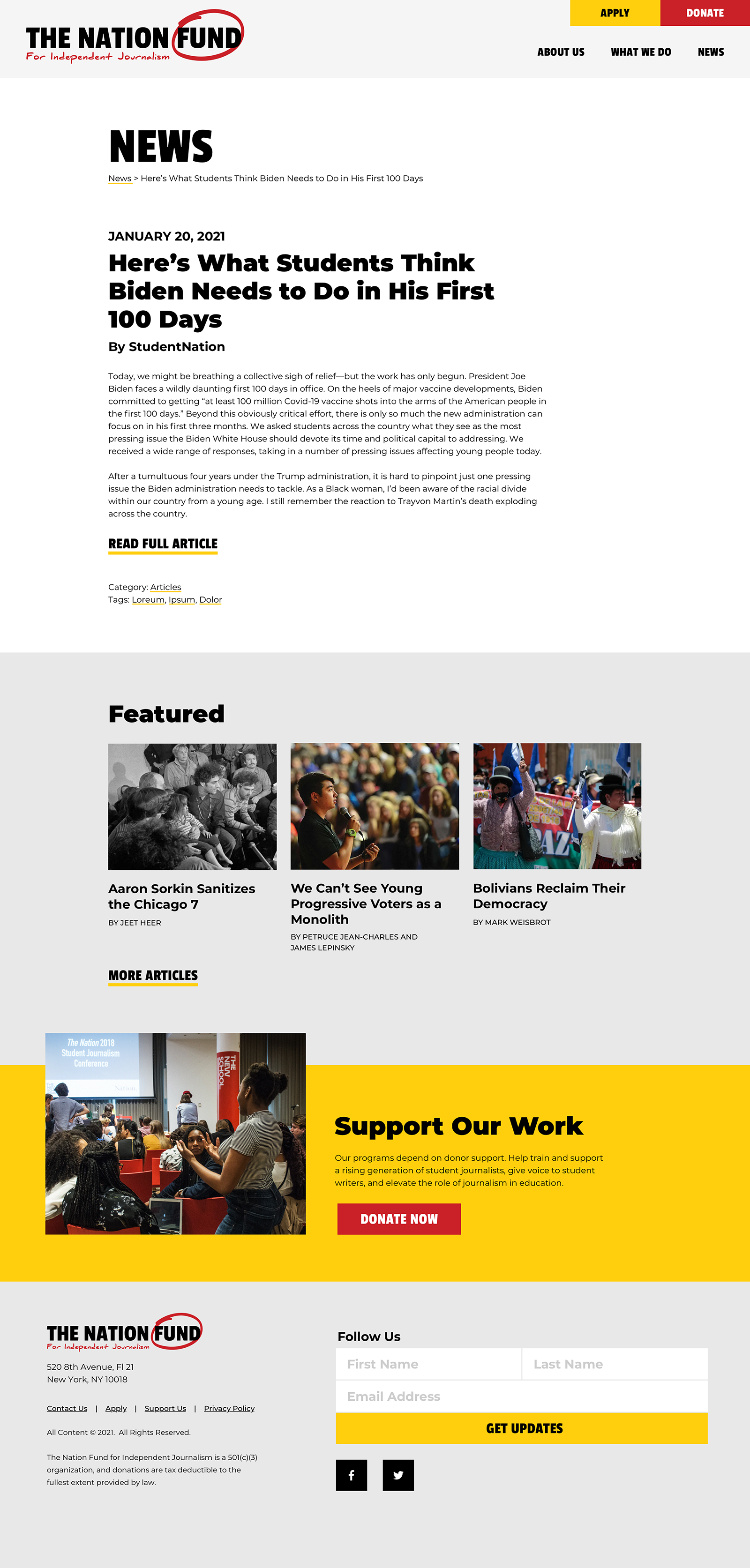 The Nation Fund website news page mockup.