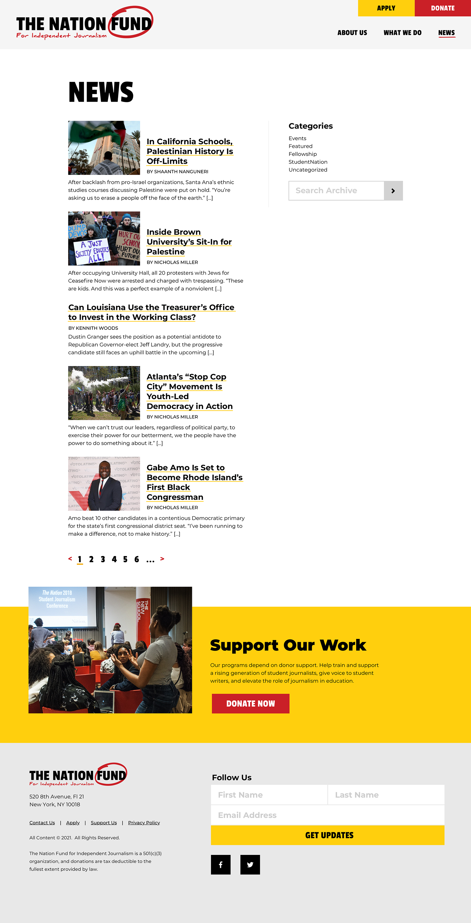 The Nation Fund website news page mockup.