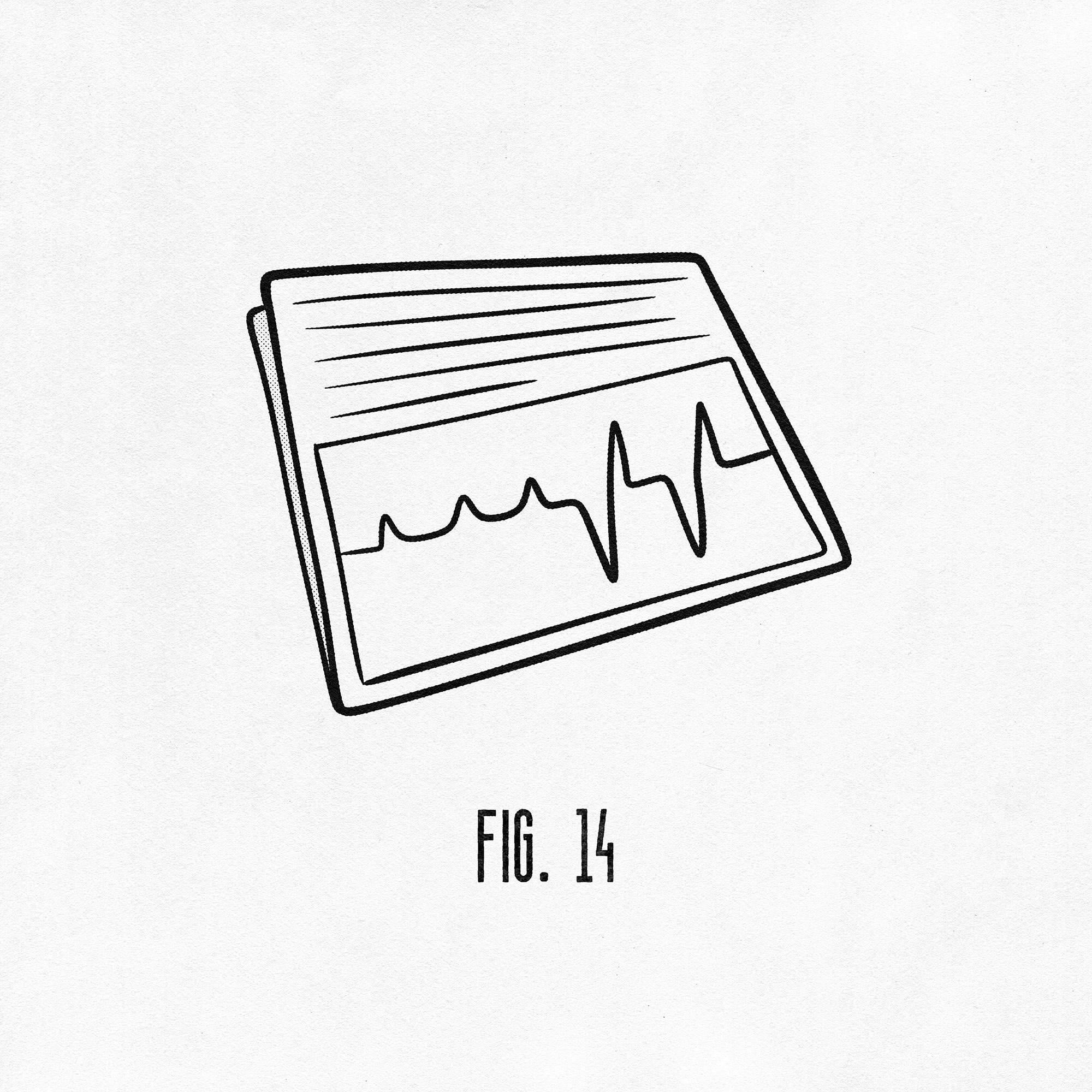 Illustration of a folded piece of paper with a graph of a heartbeat on it captioned 'fig. 14.'