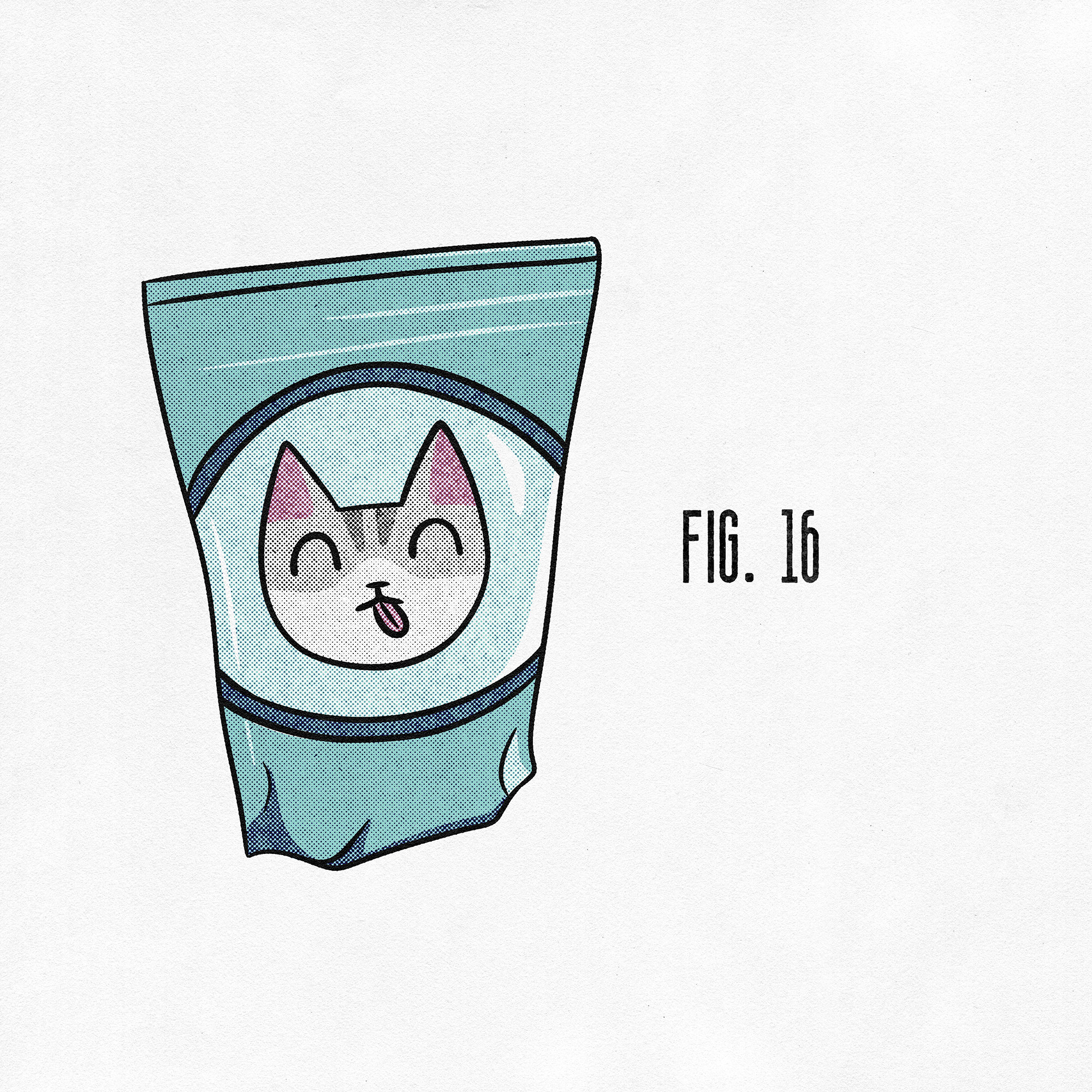 Illustration of a bag of cat treats with a cute cat on the packaging captioned 'fig. 16.'