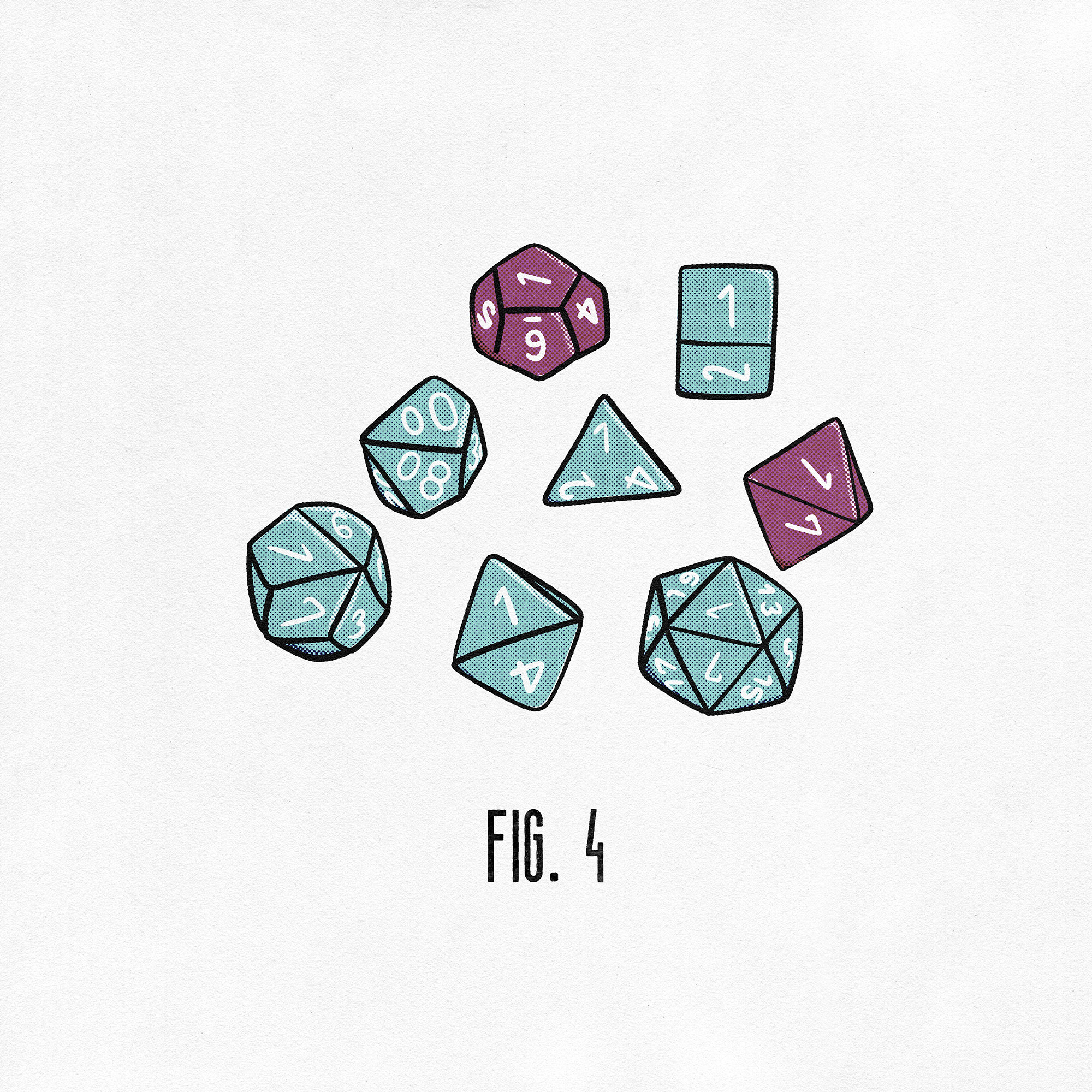 Illustration of a set of dice for playing tabletop role playing games. Six dice are teal, two are pink. The illustration is captioned 'fig. 4.'