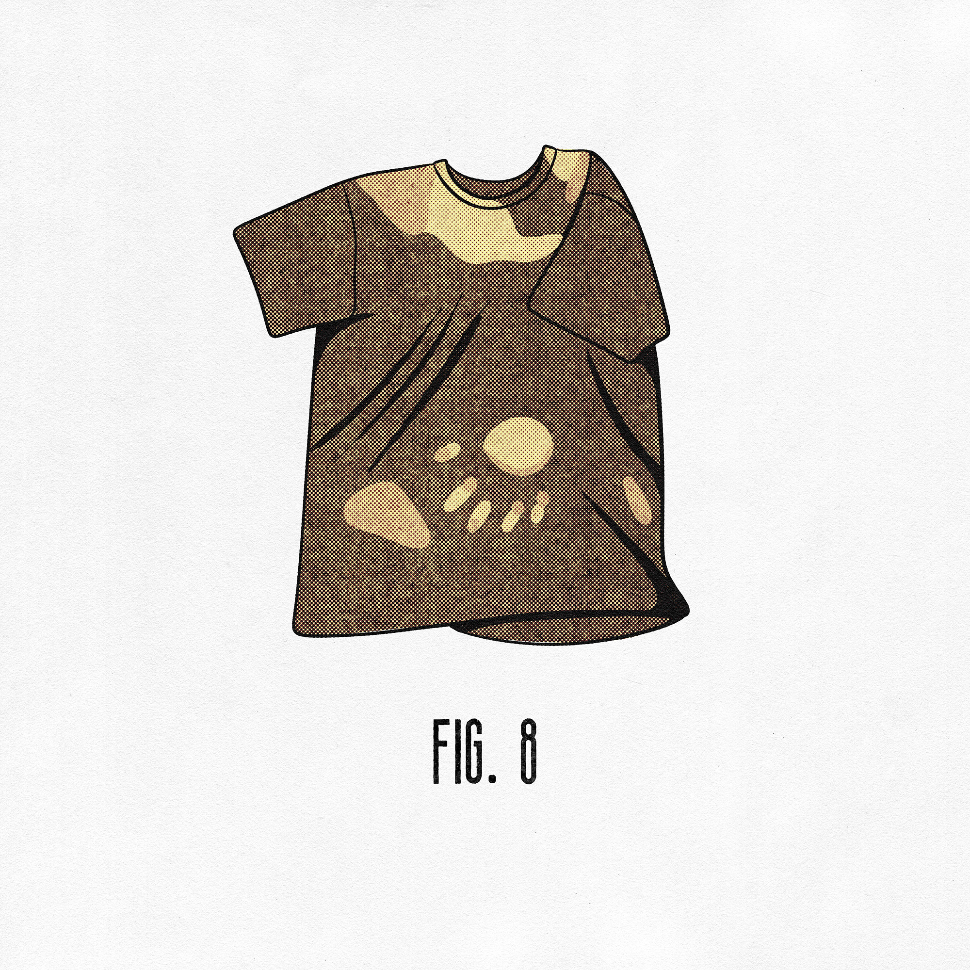 Illustration of a brown t-shirt with a handprint shaped bleach stain on the front captioned 'fig. 8.'