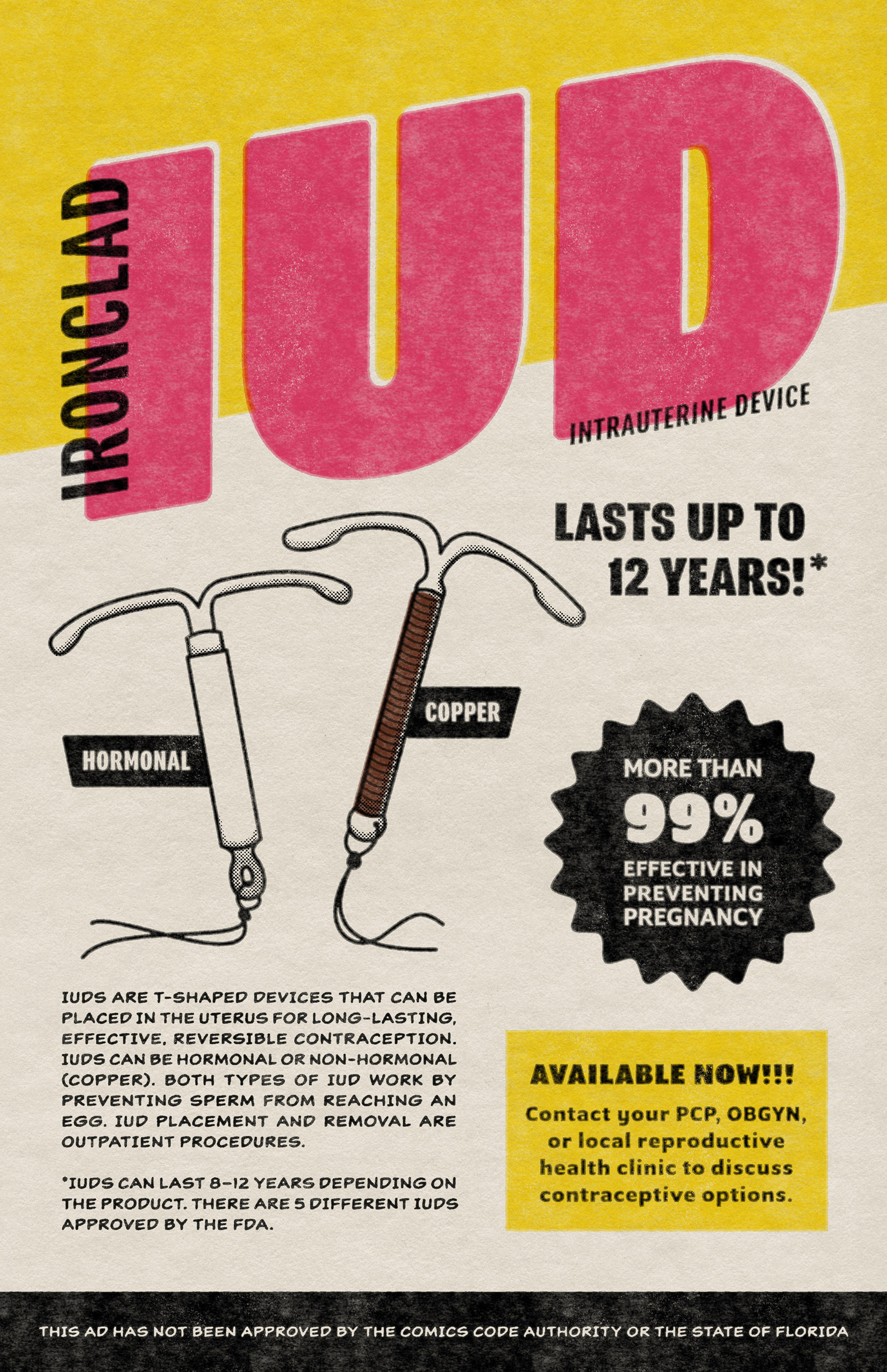 'Ironclad IUD' advertisement for hormonal and copper IUDs..