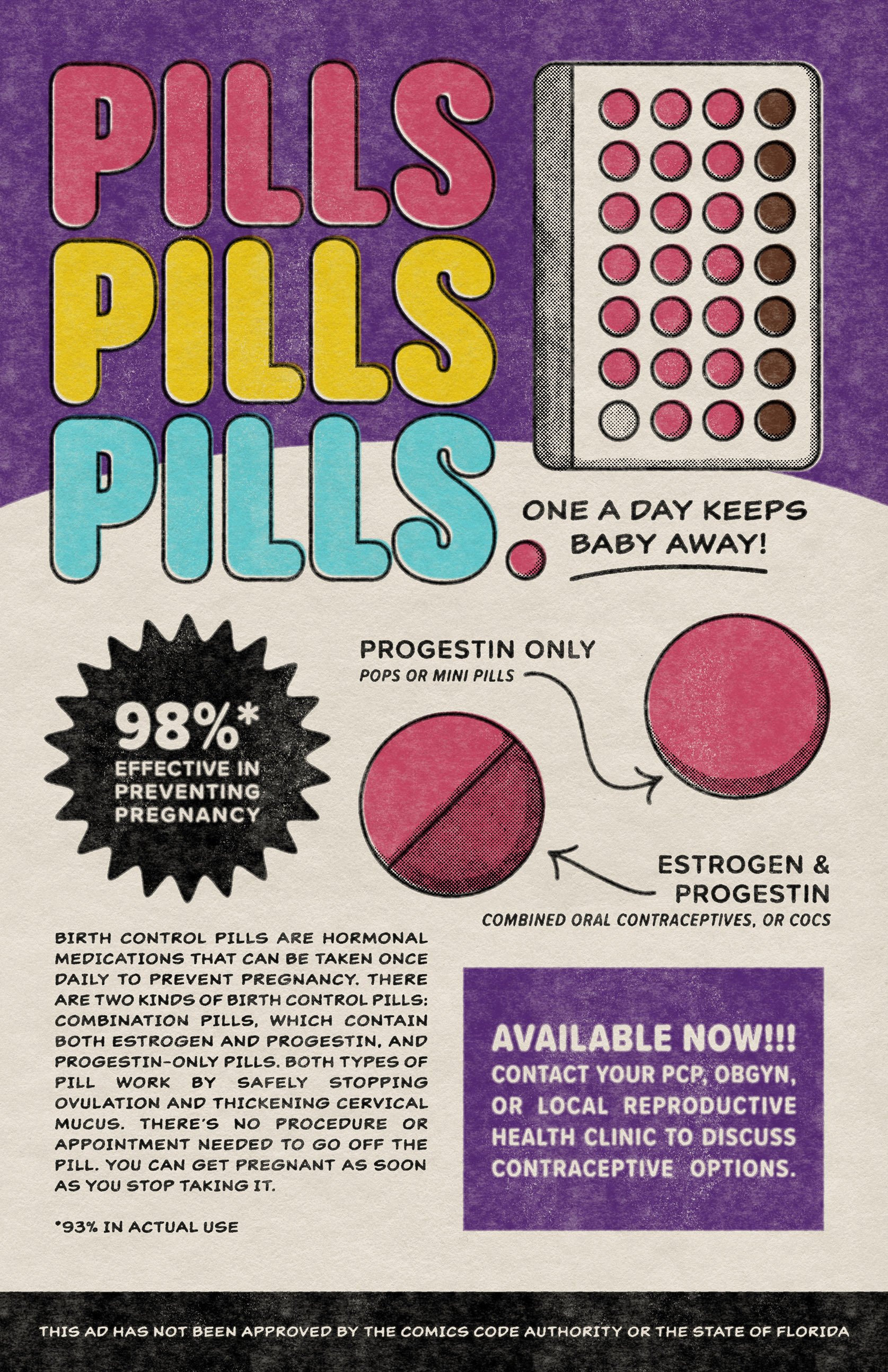 'Pills Pills Pills' advertisement for birth control pills.