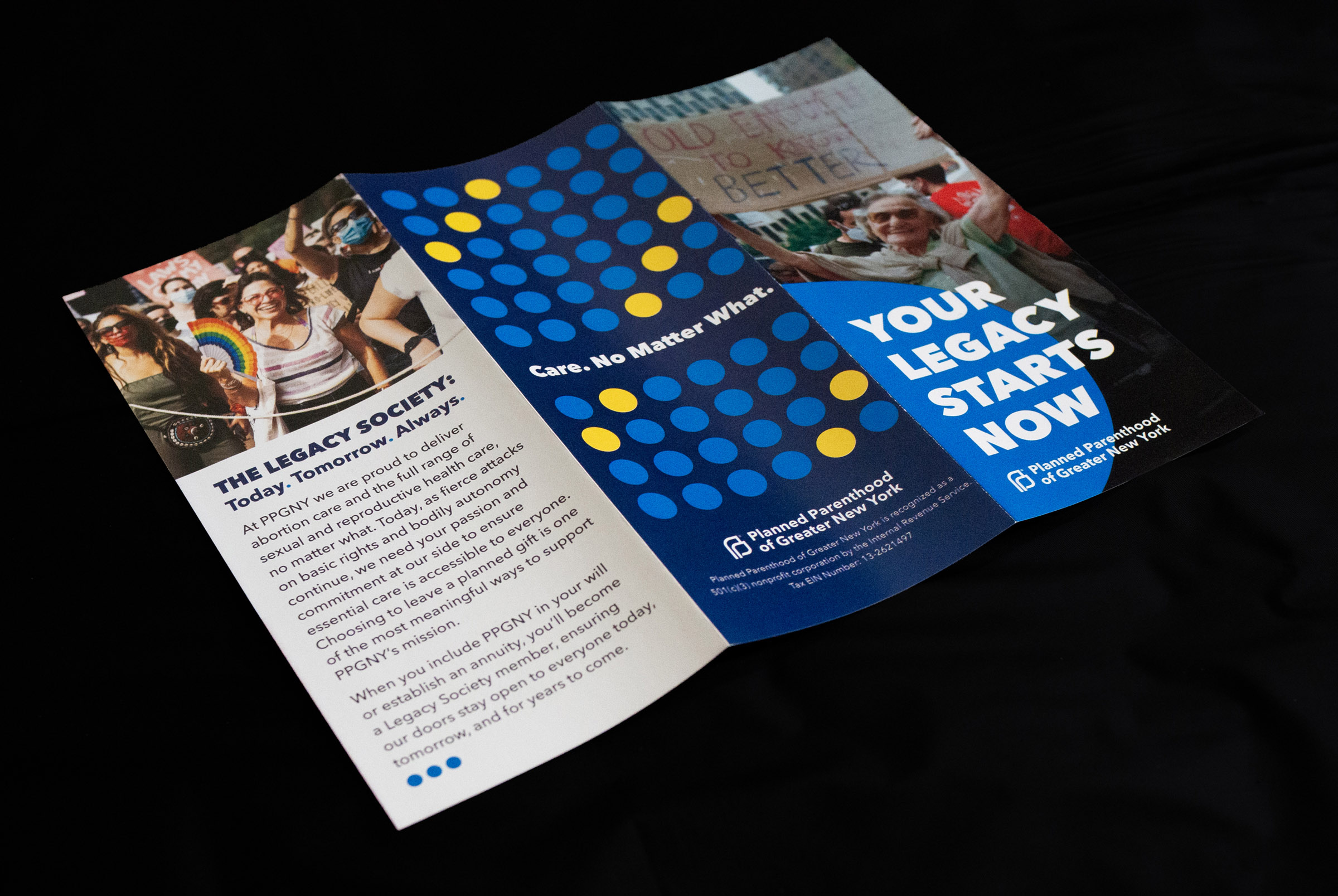 Exterior of unfolded brochure, displayed at an angle.