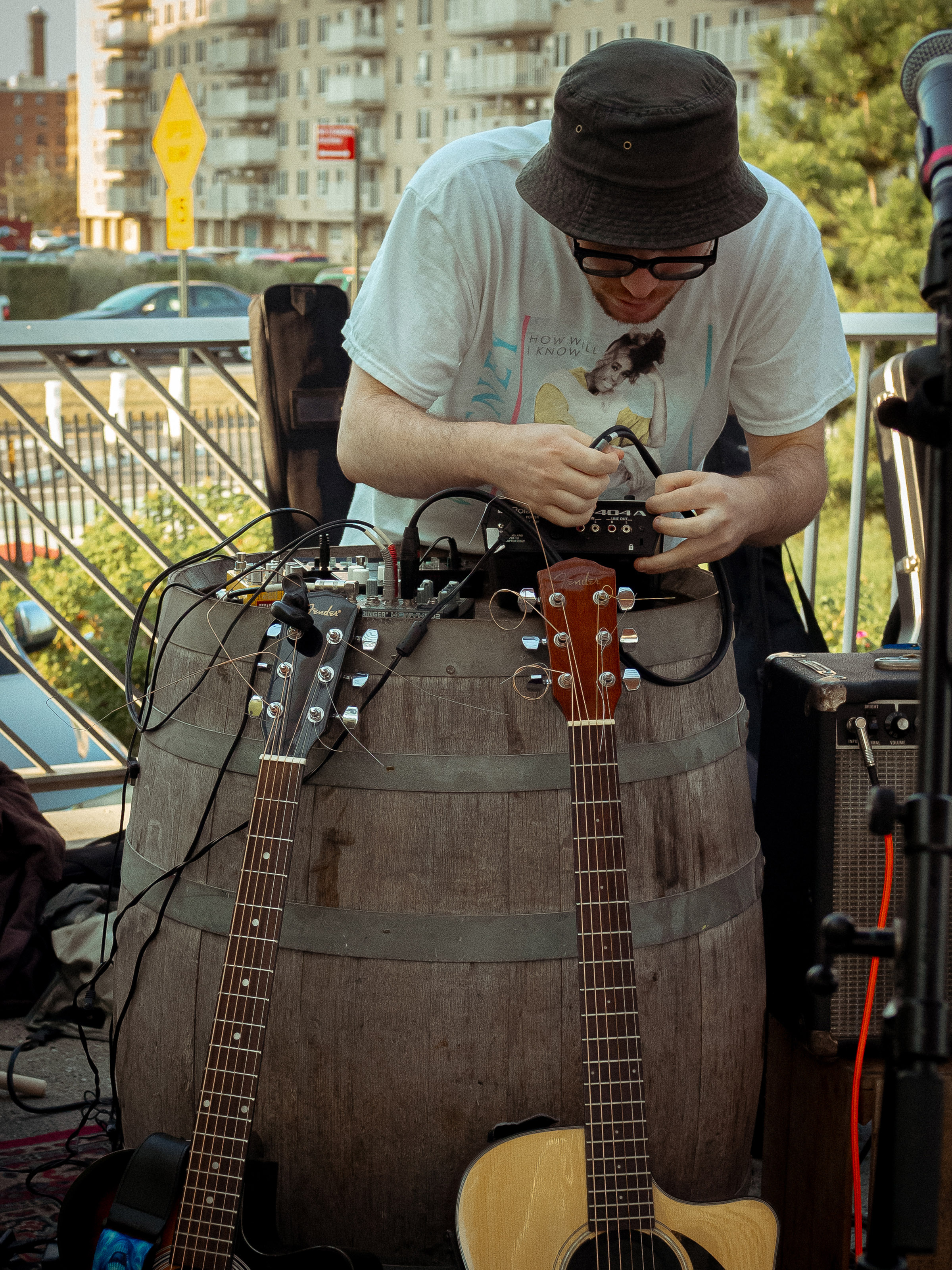 Will sets up his noise rig on a barrel.